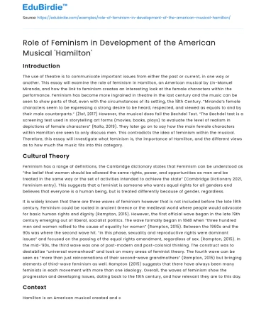 Role of Feminism in Development of the American Musical ‘Hamilton’