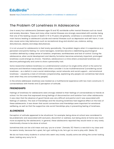 The Problem Of Loneliness In Adolescence