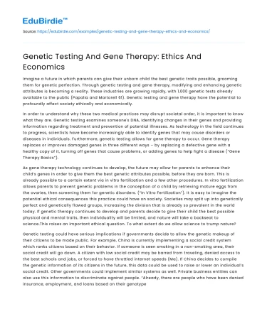 Genetic Testing And Gene Therapy: Ethics And Economics