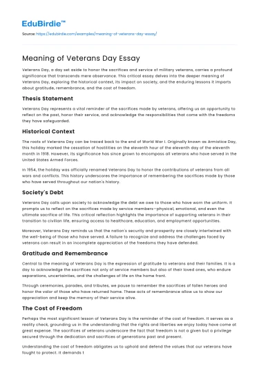 Meaning of Veterans Day Essay