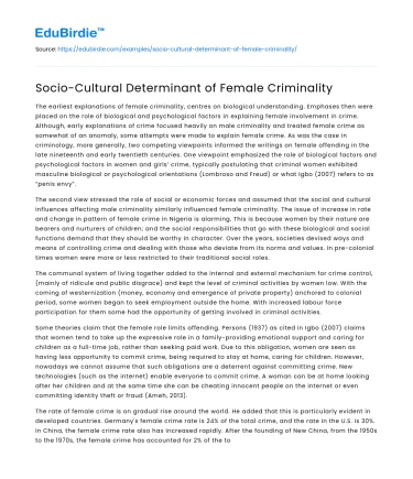 Socio-Cultural Determinant of Female Criminality