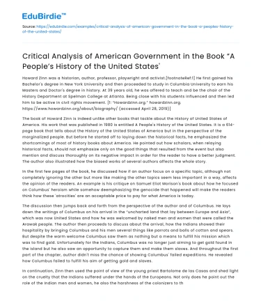Analysis of American Government in “A People’s History of the US”
