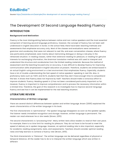 The Development Of Second Language Reading Fluency