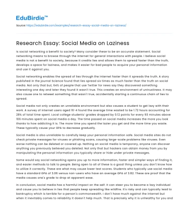 Research Essay: Social Media on Laziness
