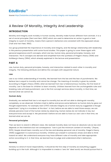 A Review Of Morality, Integrity And Leadership