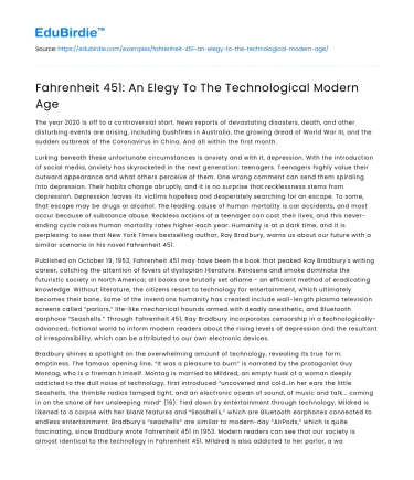 Fahrenheit 451: An Elegy To The Technological Modern Age