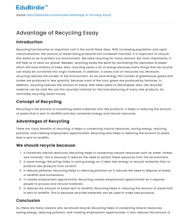 Advantage of Recycling Essay