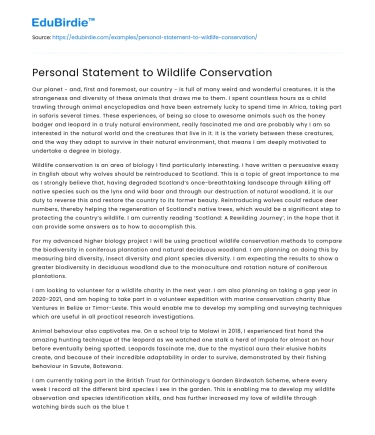 Personal Statement to Wildlife Conservation