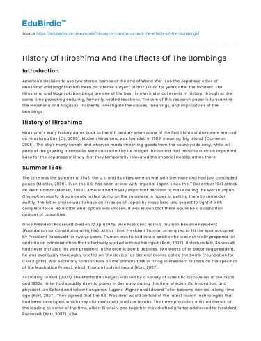 History Of Hiroshima And The Effects Of The Bombings
