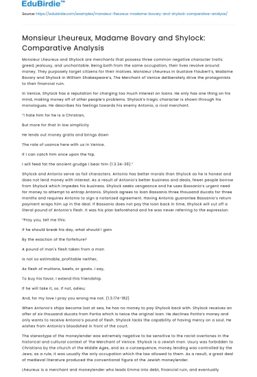 Monsieur Lheureux, Madame Bovary and Shylock: Comparative Analysis