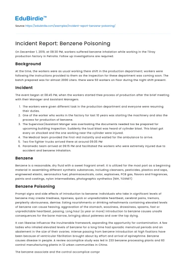 Incident Report: Benzene Poisoning