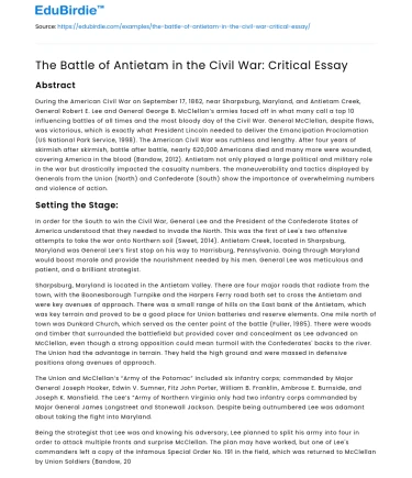 The Battle of Antietam in the Civil War: Critical Essay