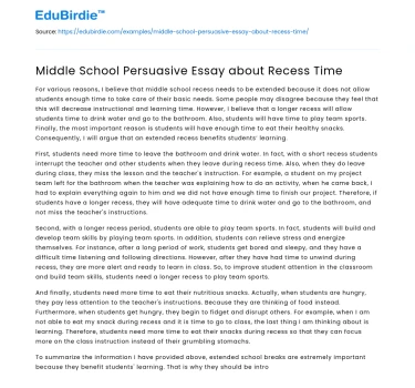 Middle School Persuasive Essay about Recess Time