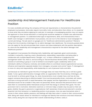 Leadership And Management Features For Healthcare Position