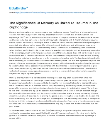 The Significance Of Memory As Linked To Trauma In The Orphanage