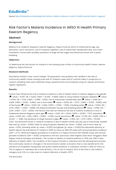 Malaria Risk Factors in ARSO III: A Multifaceted Analysis