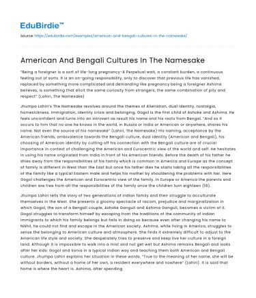 American And Bengali Cultures In The Namesake