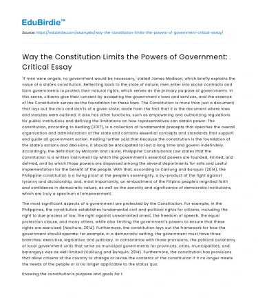 Way the Constitution Limits the Powers of Government: Critical Essay