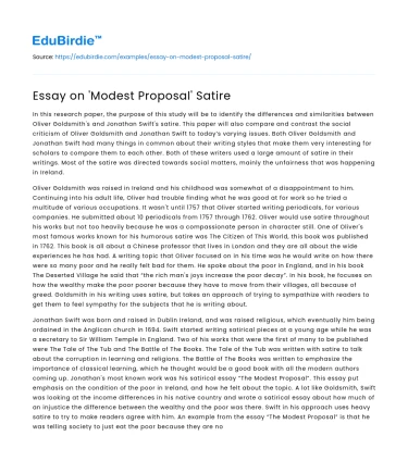 Essay on ‘Modest Proposal’ Satire