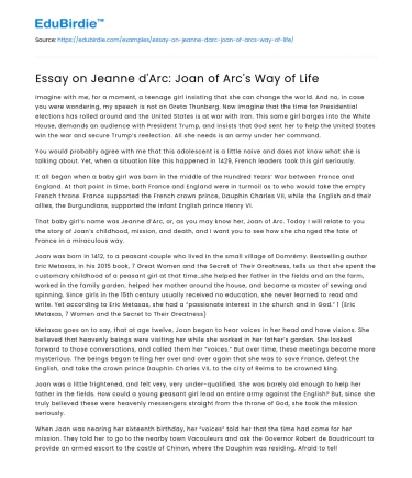Essay on Jeanne d’Arc: Joan of Arc’s Way of Life