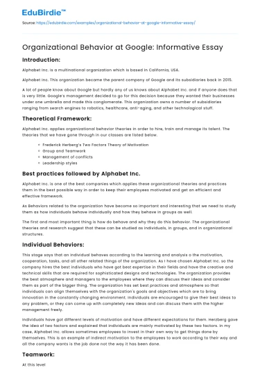 Organizational Behavior at Google: Informative Essay