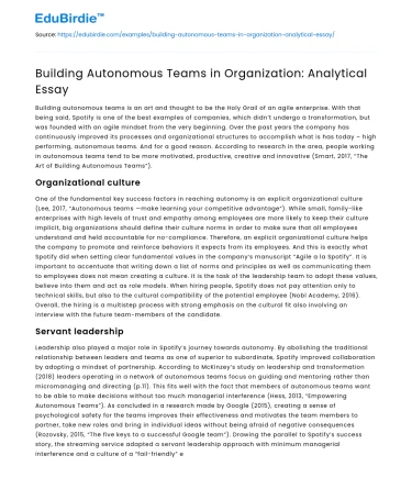 Building Autonomous Teams in Organization: Analytical Essay