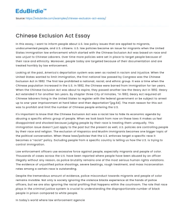 Chinese Exclusion Act Essay