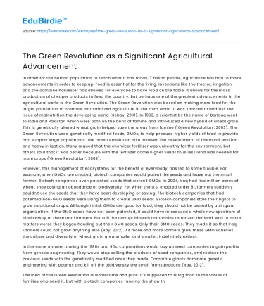 The Green Revolution as a Significant Agricultural Advancement