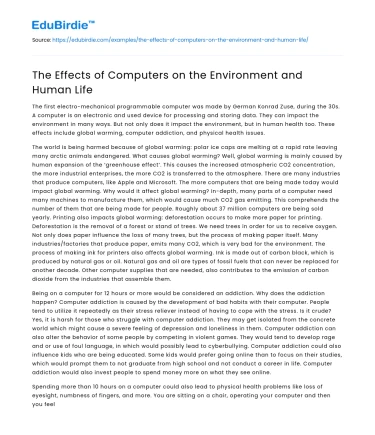 The Effects of Computers on the Environment and Human Life