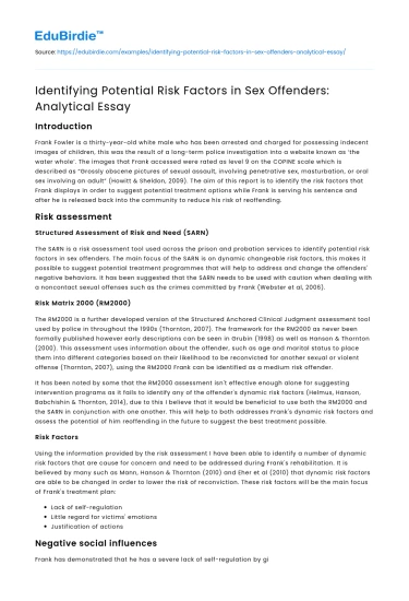 Identifying Potential Risk Factors in Sex Offenders: Analytical Essay