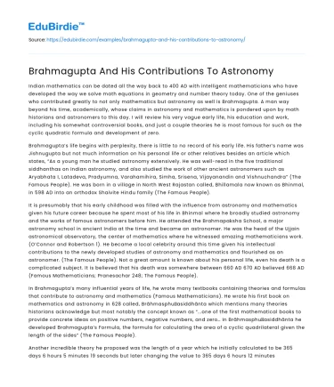 Brahmagupta And His Contributions To Astronomy