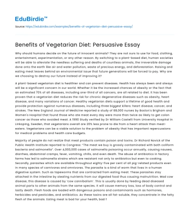 Benefits of Vegetarian Diet: Persuasive Essay