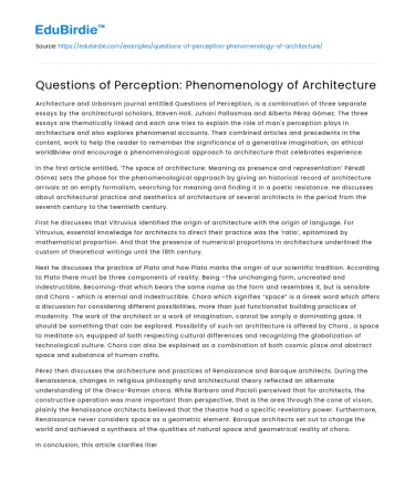 Questions of Perception: Phenomenology of Architecture