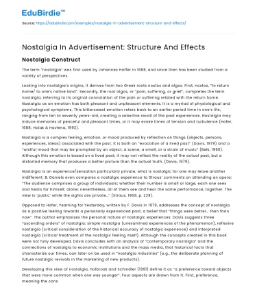 Nostalgia In Advertisement: Structure And Effects