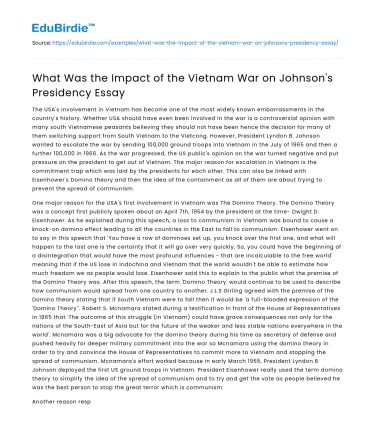 What Was the Impact of the Vietnam War on Johnson’s Presidency Essay