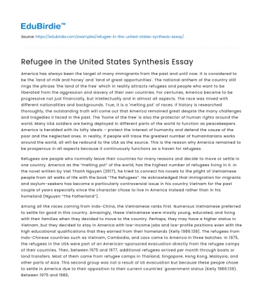 Refugee in the United States Synthesis Essay