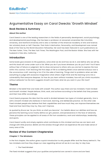 Argumentative Essay on Carol Dwecks ‘Growth Mindset’