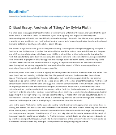 Critical Essay: Analysis of ‘Stings’ by Sylvia Plath
