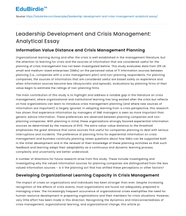 Leadership Development and Crisis Management: Analytical Essay