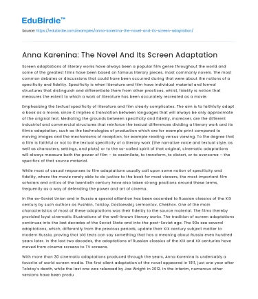 Anna Karenina: The Novel And Its Screen Adaptation