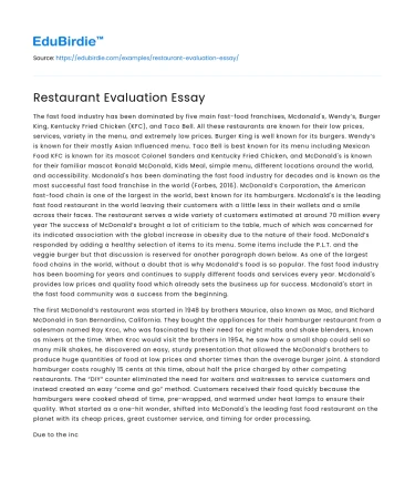 Restaurant Evaluation Essay