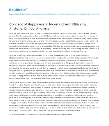 Concept of Happiness in Nicomachean Ethics by Aristotle: Critical Analysis