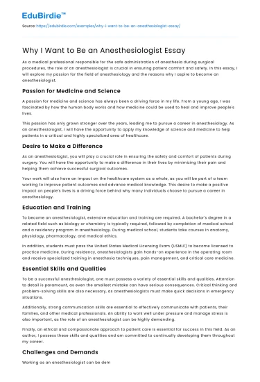 Why I Want to Be an Anesthesiologist Essay