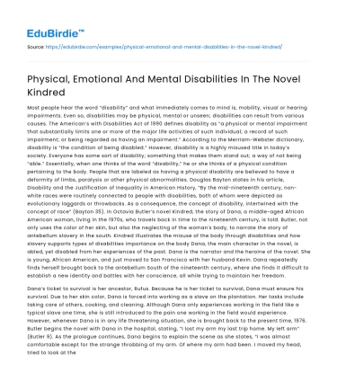 Physical, Emotional And Mental Disabilities In The Novel Kindred