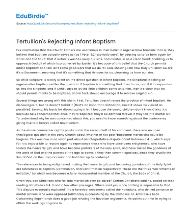 Tertullian’s Rejecting Infant Baptism