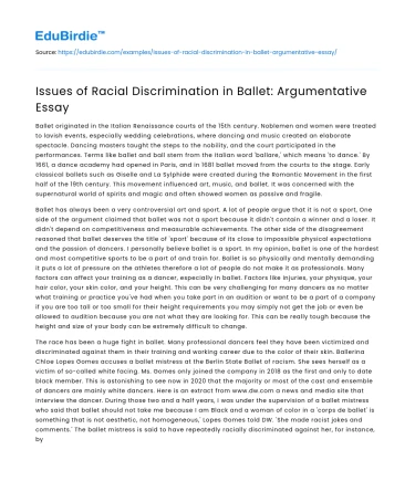 Issues of Racial Discrimination in Ballet: Argumentative Essay