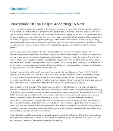 Background Of The Gospel According To Mark