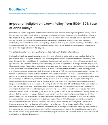 Religious Influence on Tudor Crown Policy: Anne Boleyn’s Downfall