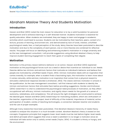 Abraham Maslow Theory And Students Motivation
