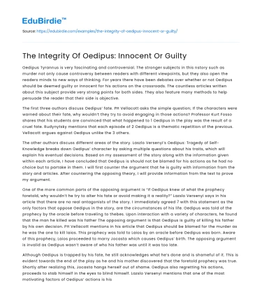 The Integrity Of Oedipus: Innocent Or Guilty